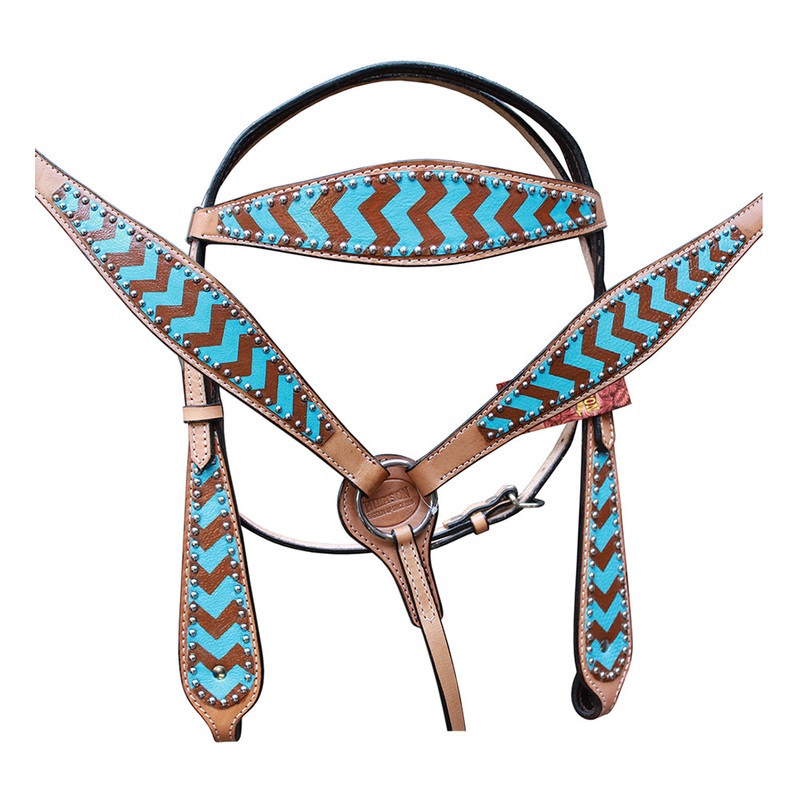 HILASON Western Horse Genuine Leather Headstall & Breast Collar Set Turquoise & Brown Zigzag
