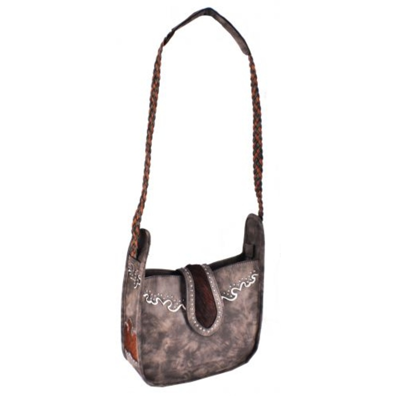 #BA1420-A: Gray Genuine Leather Crossbody Bag with cowhide inlay