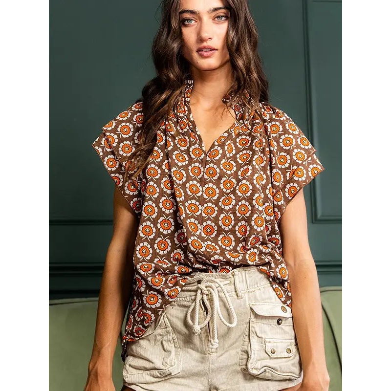 Ruffled Short Sleeve Floral Print Blouse