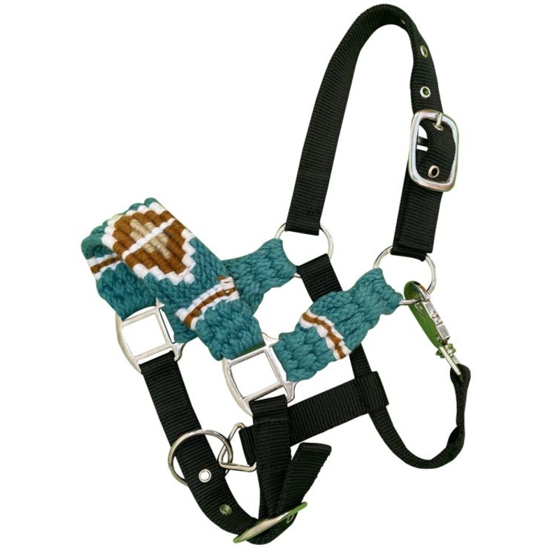 Showman Pony Cotton Corded String Nylon Halter – Teal, brown, and whitePONY SIZE