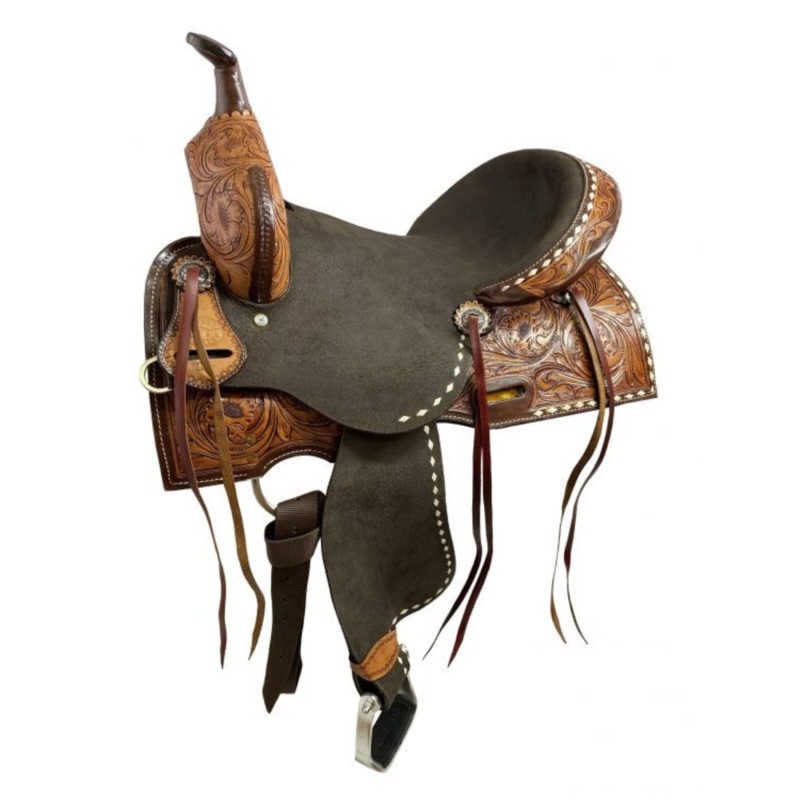 14″, 15″, 16″ Double T Roughout Barrel Saddle With Floral Tooling and White Buckstitching.