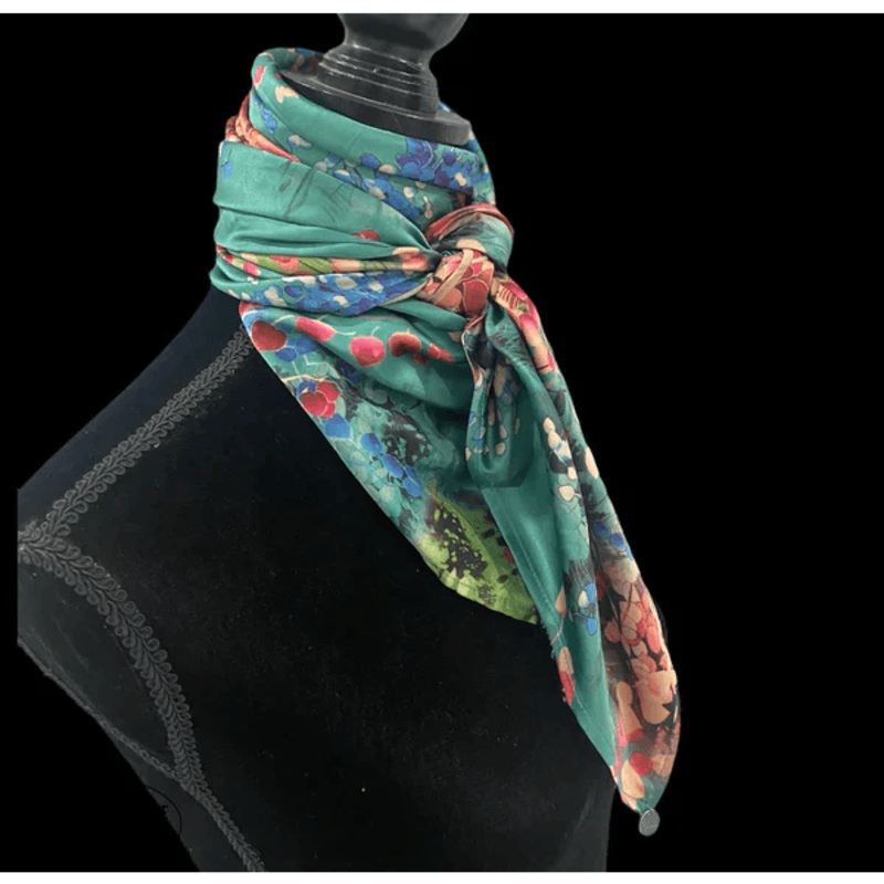 A8018 – SILK Teal Floral Rawhide Wild Rag Cowboy Scarf