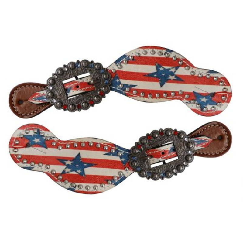 Showman Leather Spur Straps with stars and stripes print
