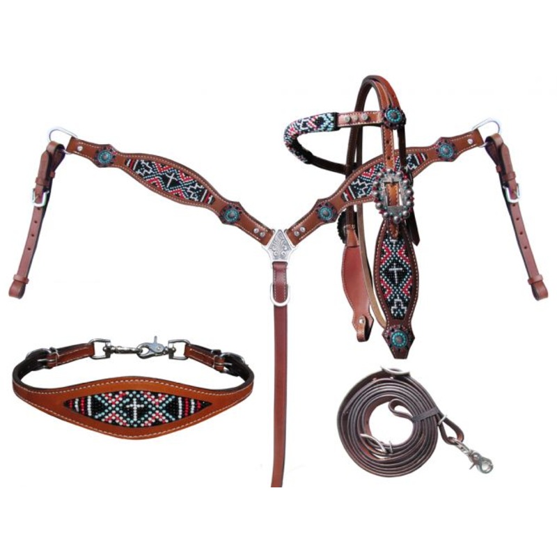 #13769: Showman  4 Piece beaded navajo cross design headstall and breast collar set