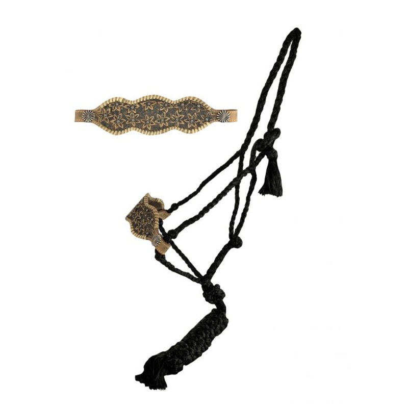 Showman Woven Black nylon mule tape halter with tooled flower noseband
