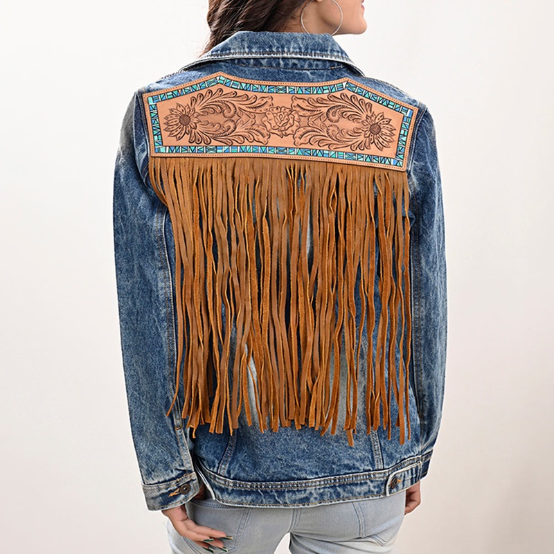 ADJKT019 Genuine leather Hand tooled hand carved Women 100% cotton Denim jacket  dress ladies girl