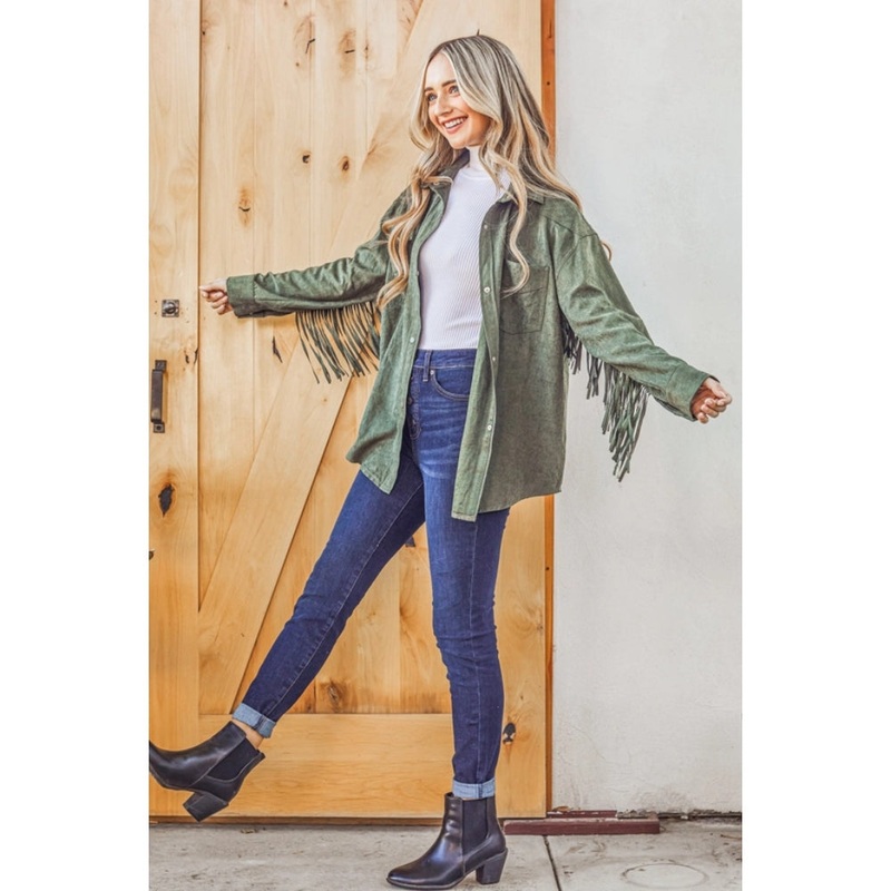 ATW14374 Women’s Fringe Long Sleeve Snap Shacket