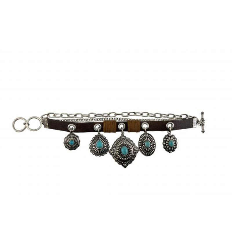 Leather bracelet featuring concho accents and toggle clasp