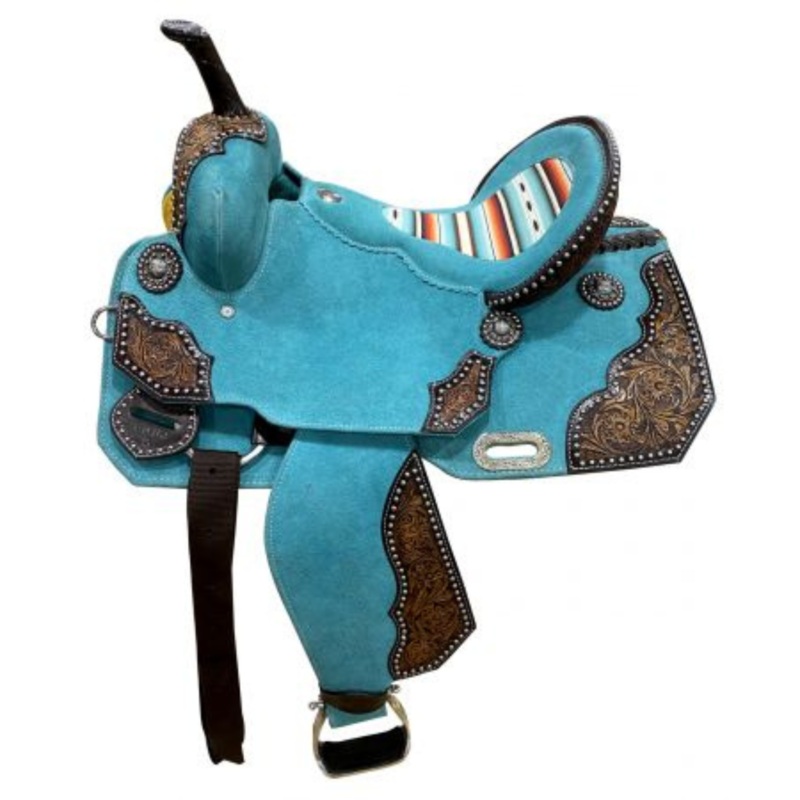 15″ DOUBLE T   TEAL ROUGH OUT BARREL STYLE SADDLE WITH SOUTHWEST PRINTED INLAY