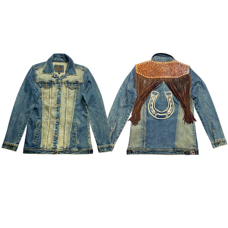ADJKT614 Genuine leather Hand tooled hand carved Women 100% cotton Denim jacket  dress ladies girl