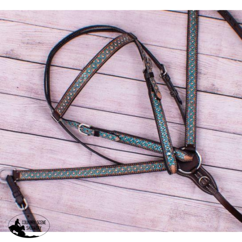 Showman Hand Painted Turquoise Floral Painted Headstall and Breast Collar Set.