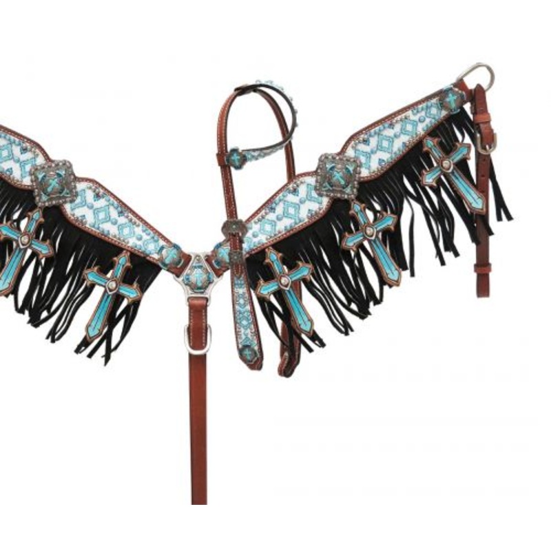 Showman  Brown and teal Navajo diamond print headstall and breast collar with fringe and leather cross accents