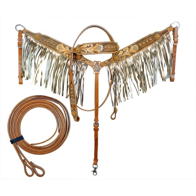 Showman Gold Fringe tooled leather Headstall and Breast collar set with floral tool painted accents, & beaded conchos