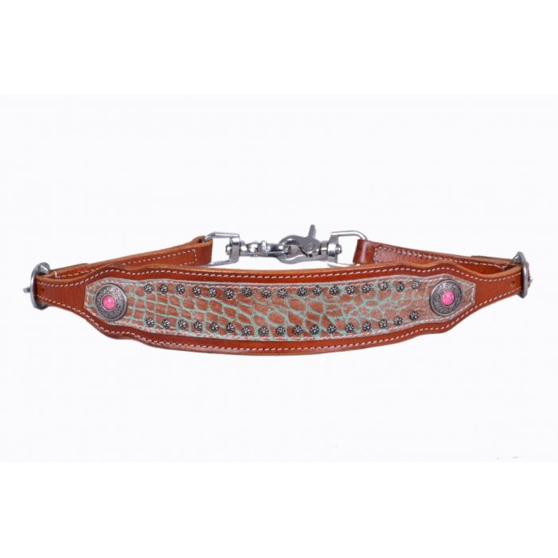 Showman  Teal & Brown gator print wither strap with pink gem conchos