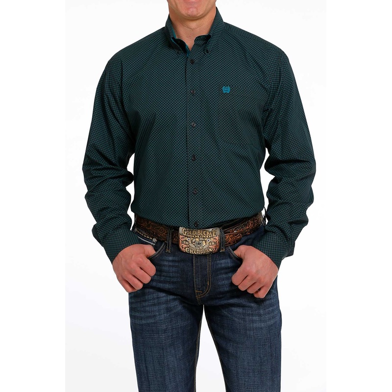 MEN’S GEOMETRIC BUTTON-DOWN WESTERN SHIRT – BLACK / TEAL
