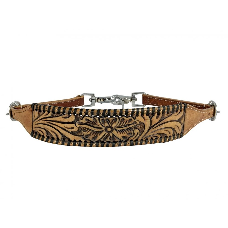 Showman Leather wither strap with tooled flowers and black whip stitching