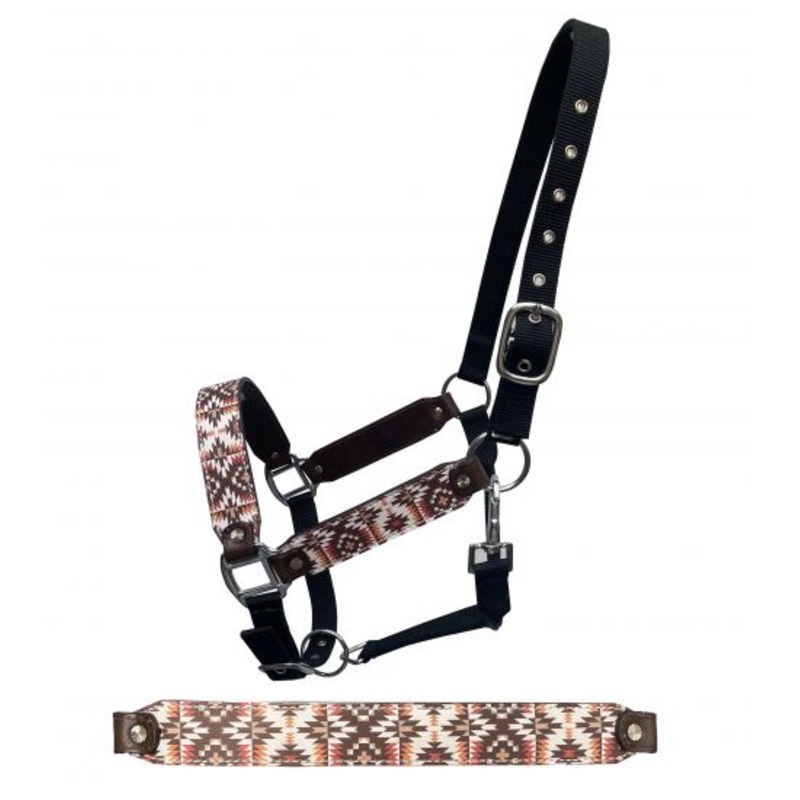 Showman Premium Nylon Horse Sized 3 Ply Halter with navaho print overlay on cheeks and nose