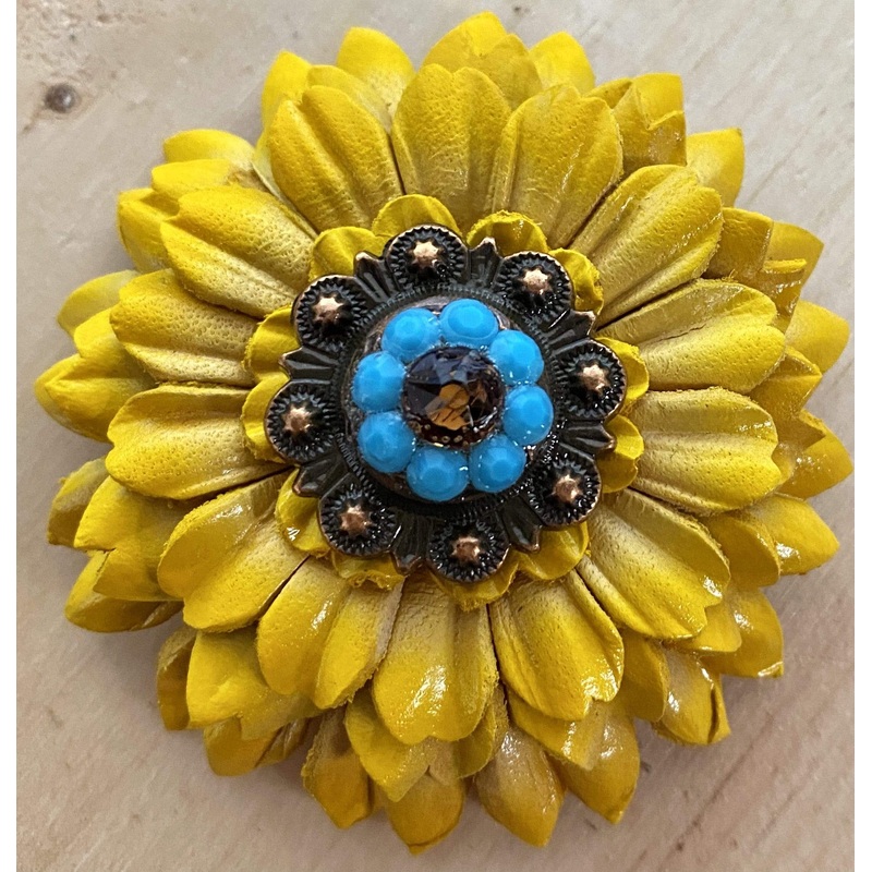 Sunflower with Copper Turquoise & Topaz 1″ Concho