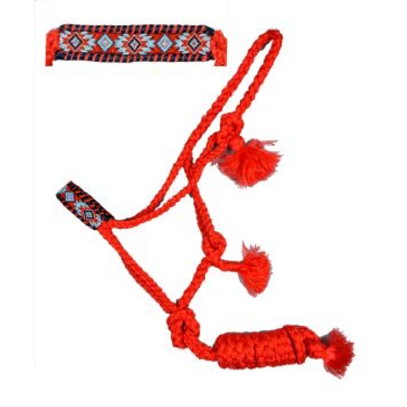#722760: Showman Woven red nylon mule tape halter accented with a beaded southwest design noseb