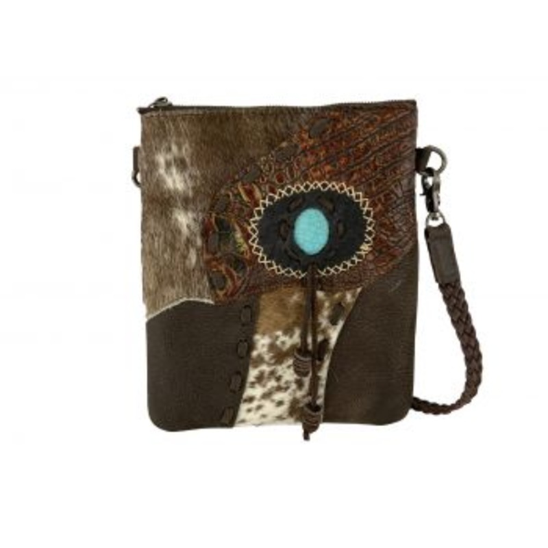 #BA2123-B: Genuine Leather Crossbody Bag with cowhide & gator accents, w/ turquoise stone