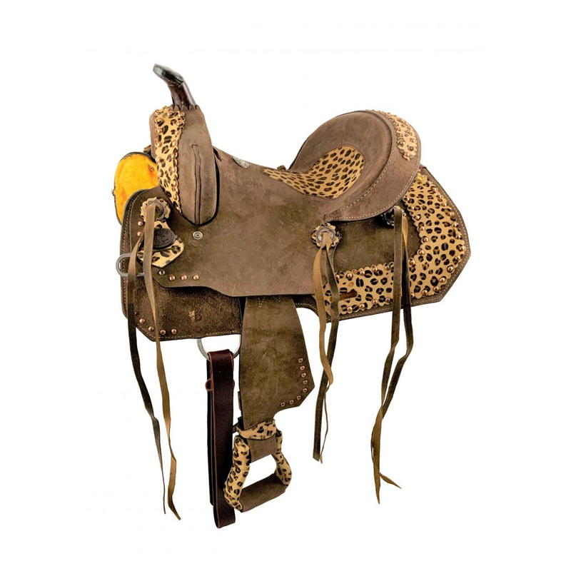 12 Double T Youth Hard Seat Barrel Style Saddle with Cheetah Seat