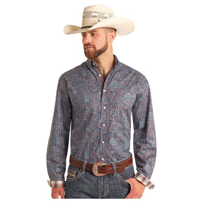 RMB2S05669 Panhandle Men’s Long Sleeve Button Down Western Shirt – Light Navy Paisley