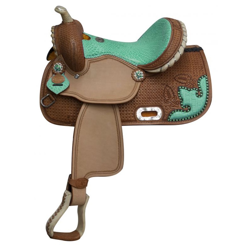 #511813: 13″ Double T Barrel style saddle with alligator print seat and accents