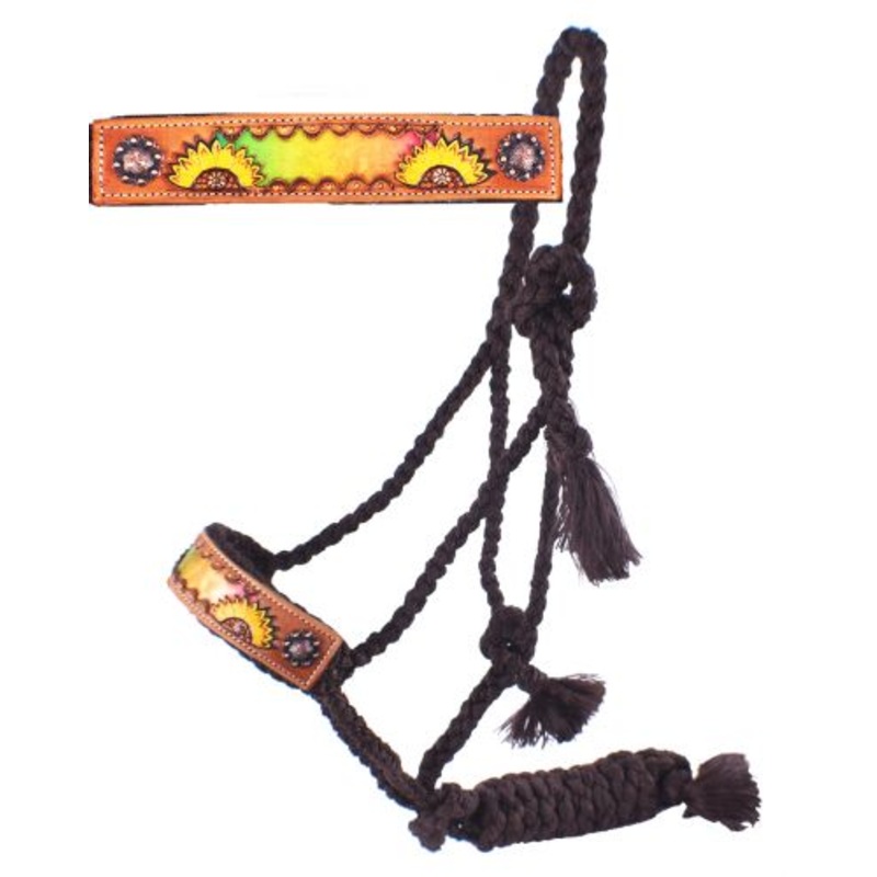 #722750: Showman Woven brown nylon mule tape halter with hand painted sunflower and multi colored