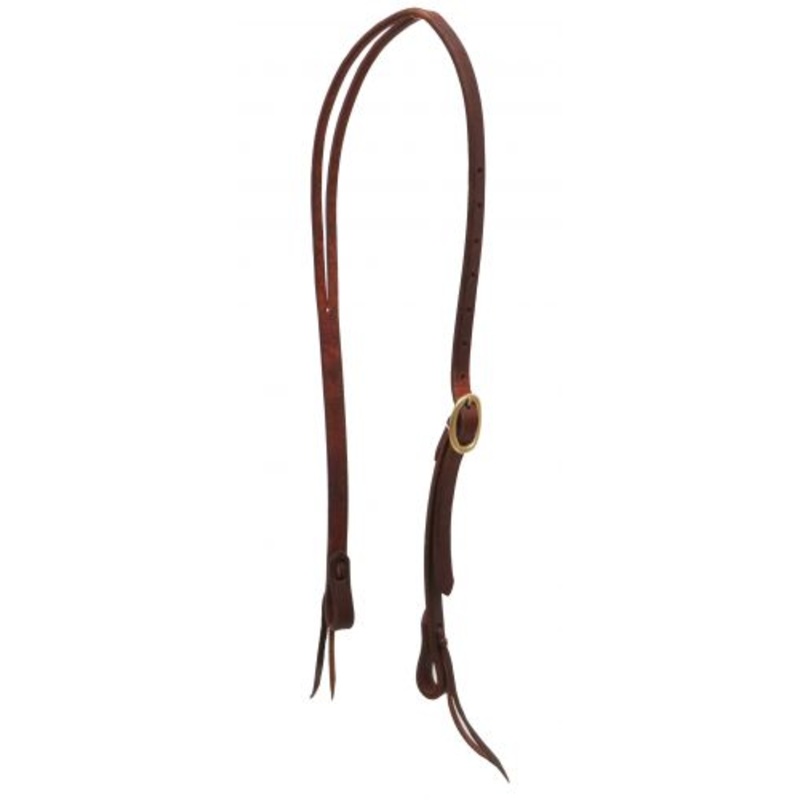 #74042: Showman  Heavy oiled harness leather split ear headstall with brass buckle and tie on bit