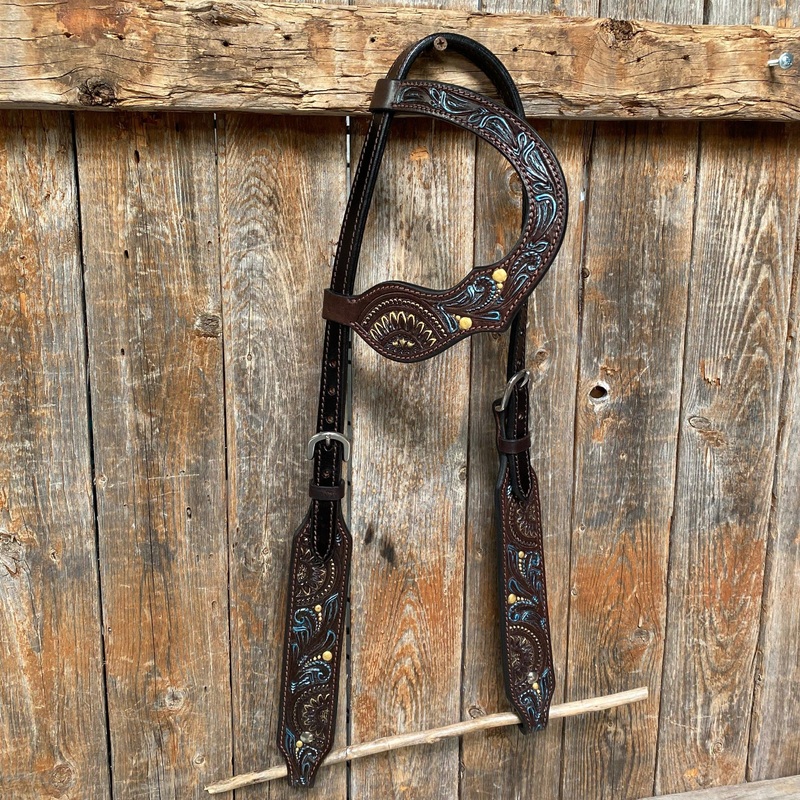 Dark Oil Floral Hand Painted One Ear Headstall / Bridle #FK107