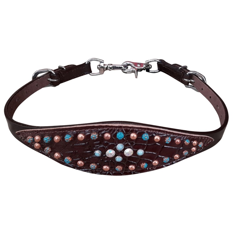 Showman dark brown gator wither strap turquoise and copper beading