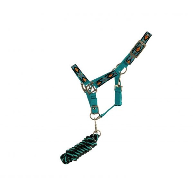 Showman  Pony triple ply turquoise nylon halter with southwest design overlay & lead rope with brass plated hardware