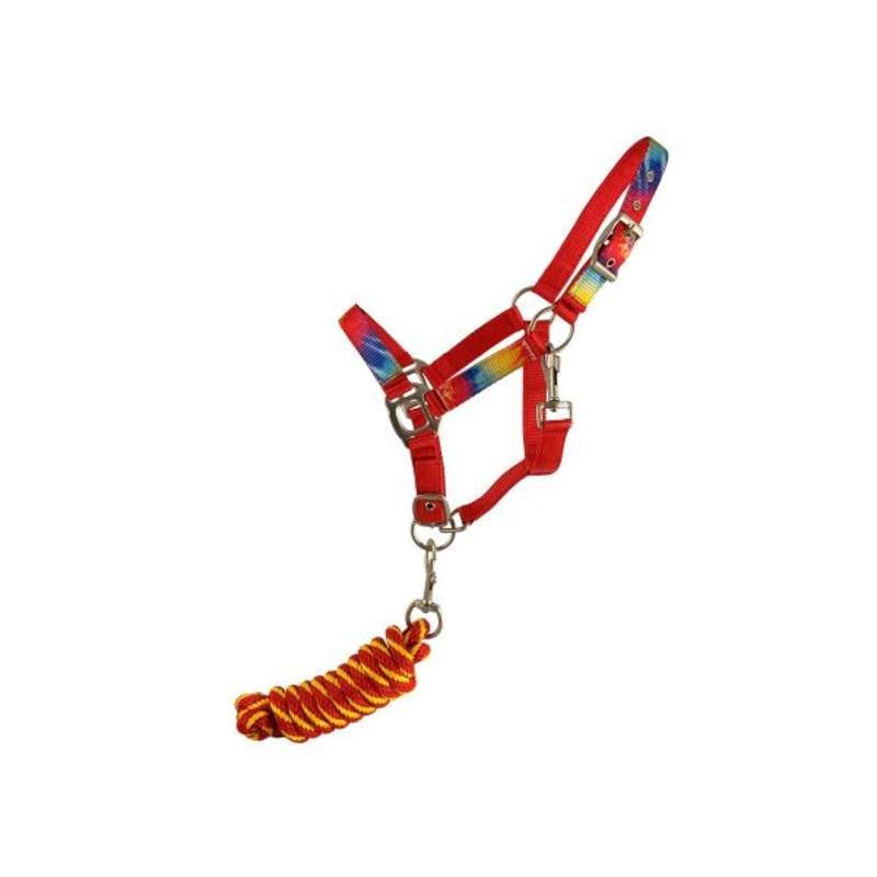 Showman  Pony triple ply red nylon halter with tie-dye print overlay & lead rope with brass plated hardware