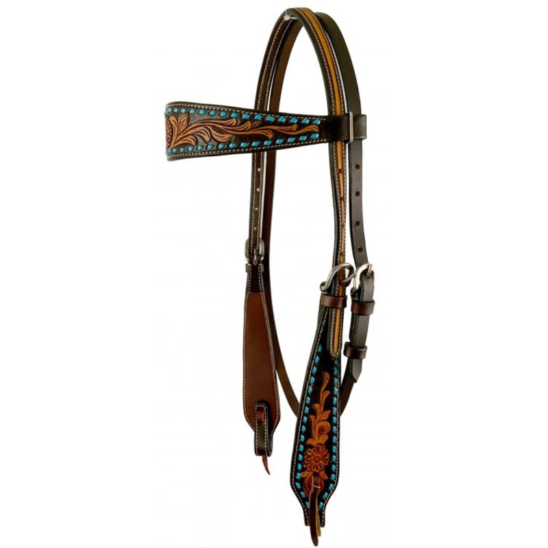 Showman Argentina cow leather two-tone browband headstall with floral tooling and turquoise rawhide braid
