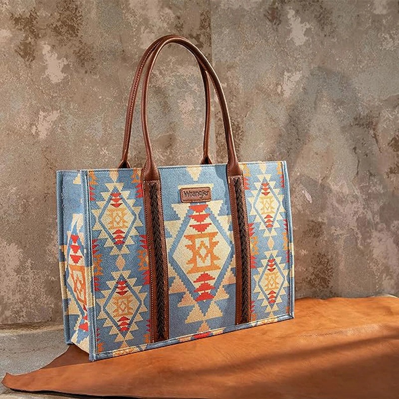 Wrangler Southwestern Pattern Dual Sided Print Canvas Wide Tote – Brown-FREE SHIPPING