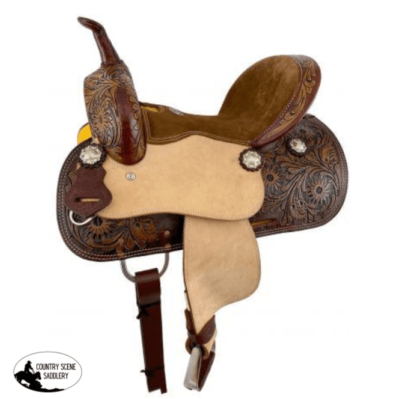 12″ Double T brown suede seat barrel style saddle with floral tooling.