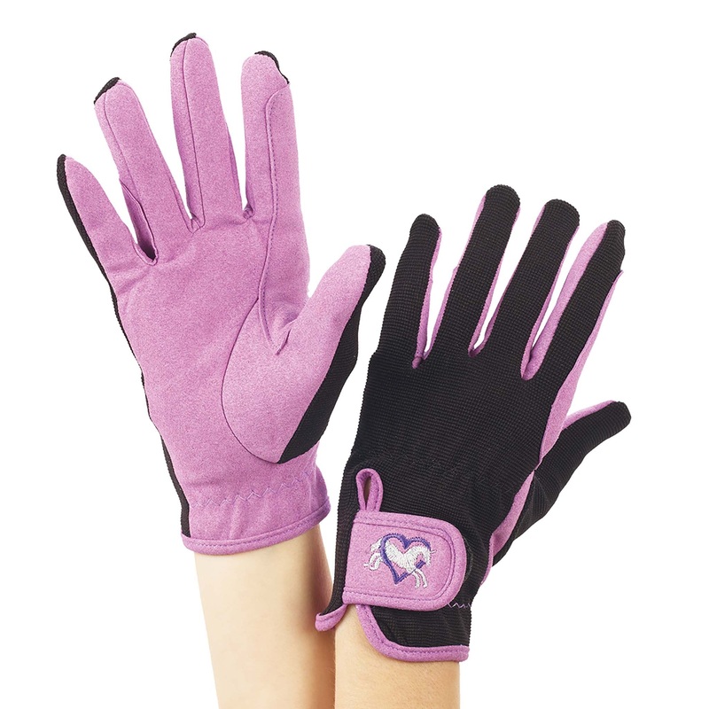 Kids’ Embroidered Riding Gloves – Purple/Black