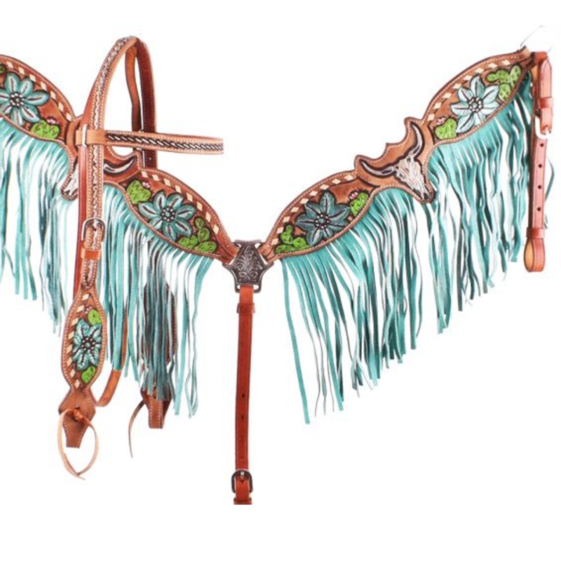 Showman Hand Painted Steer Skull and Cactus Headstall and Breast collar Set.