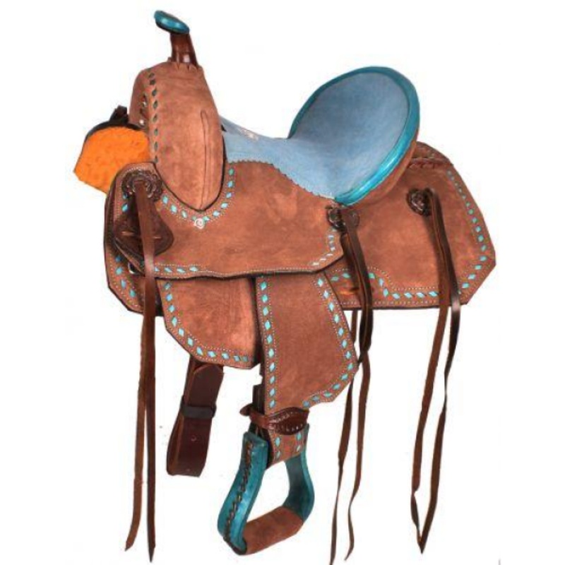 10″ Double T  Youth Barrel style saddle with turquoise seat.