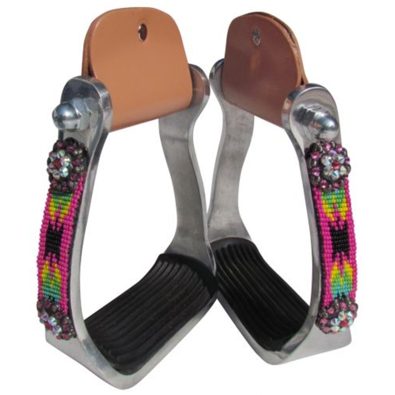 #20190: Showman Polished aluminum stirrup with hot pink and black navajo beaded overlay