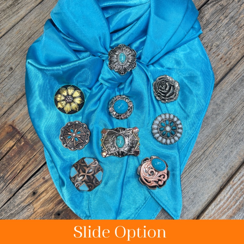 35X35″ Solid Aqua Wild Rag / Scarf WRS8 – Western Concho Wild Rag Slides – Assorted