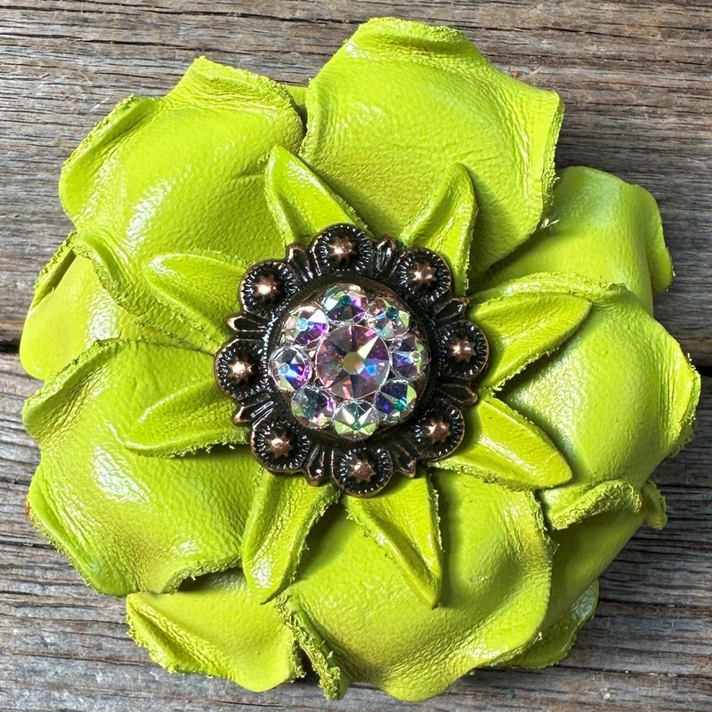 Neon Lime Gardenia Flower With Copper AB 1″ Concho