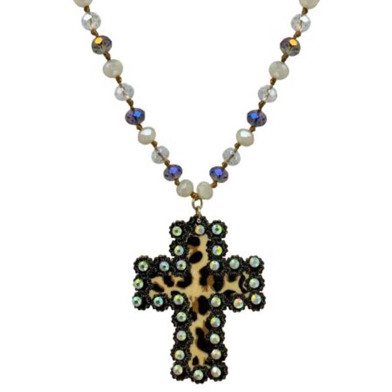 Iridescent Beaded Necklace W/Cheetah Cross