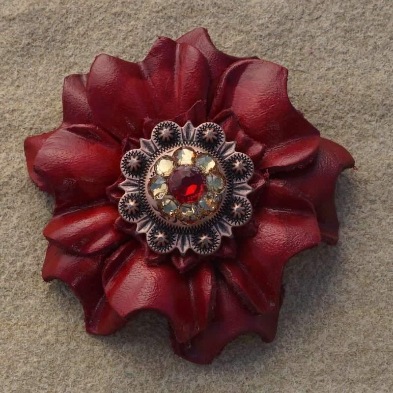 Red Carnation Flower With Copper Ruby & Champagne 1″ Concho