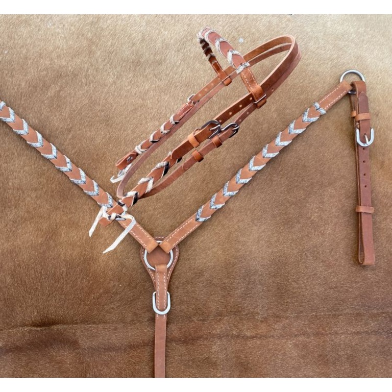 Showman  Argentina cow harness  L eather browband headstall and breast collar set with hair on cowhide lacing