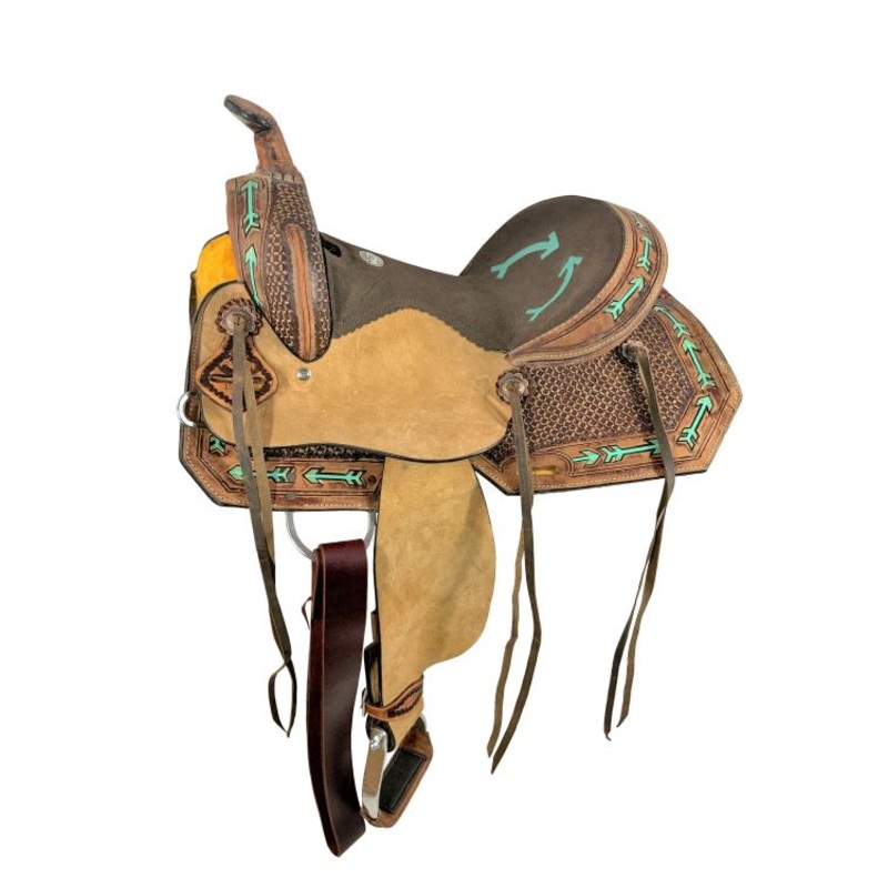 15″ Youth Hard Seat Western Saddle With Teal Arrow Accents-FREE SHIPPING