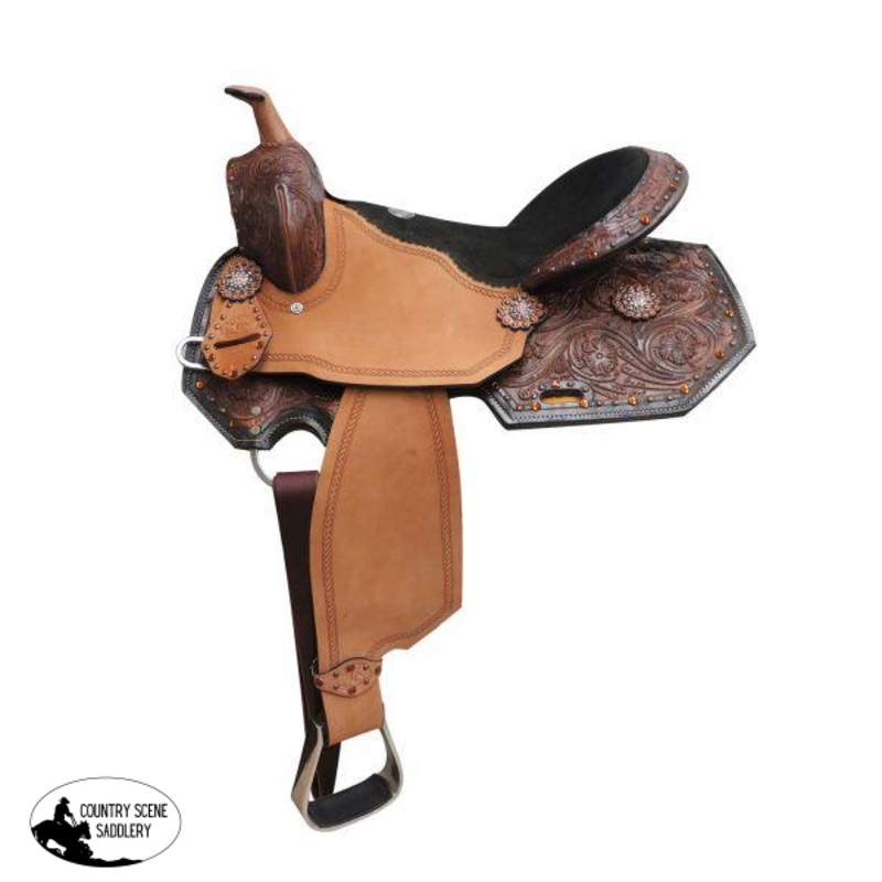 16″ Double T  barrel style saddle with amber colored rhinestones and floral tooling.