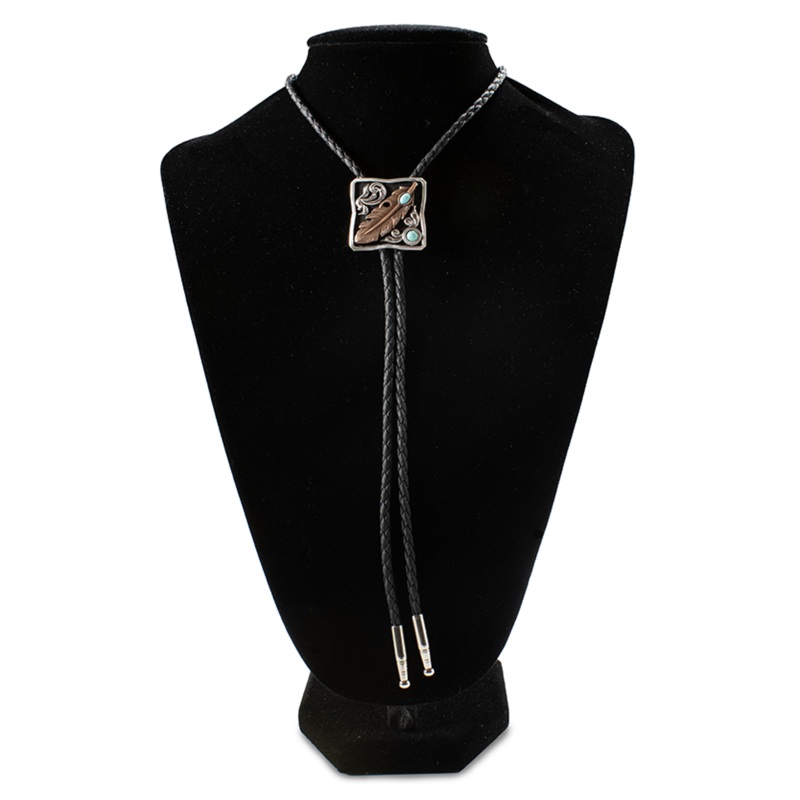 22407 Double S Bolo Tie – Feather with Turquoise Stone