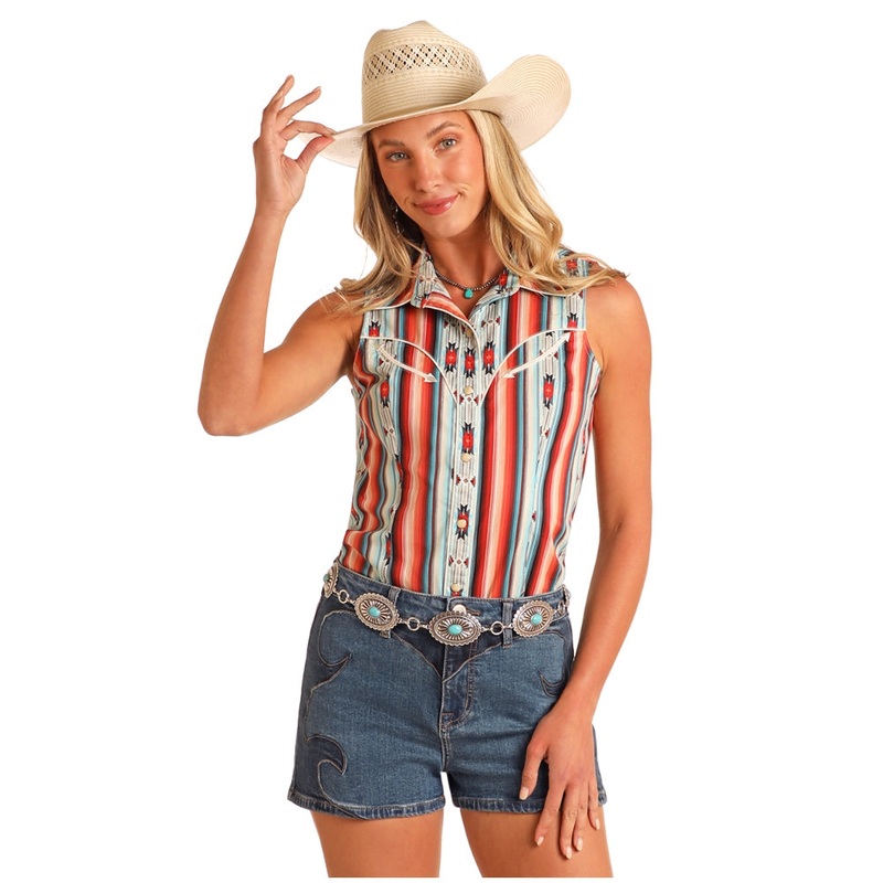 BWN0S05863 Rock & Roll Women’s Aztec Stripe Sleeveless Snap Shirt – Red