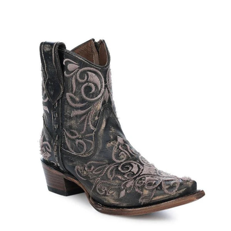 LD Distressed Black Embroidery Ankle Bootie – Corral Boots
